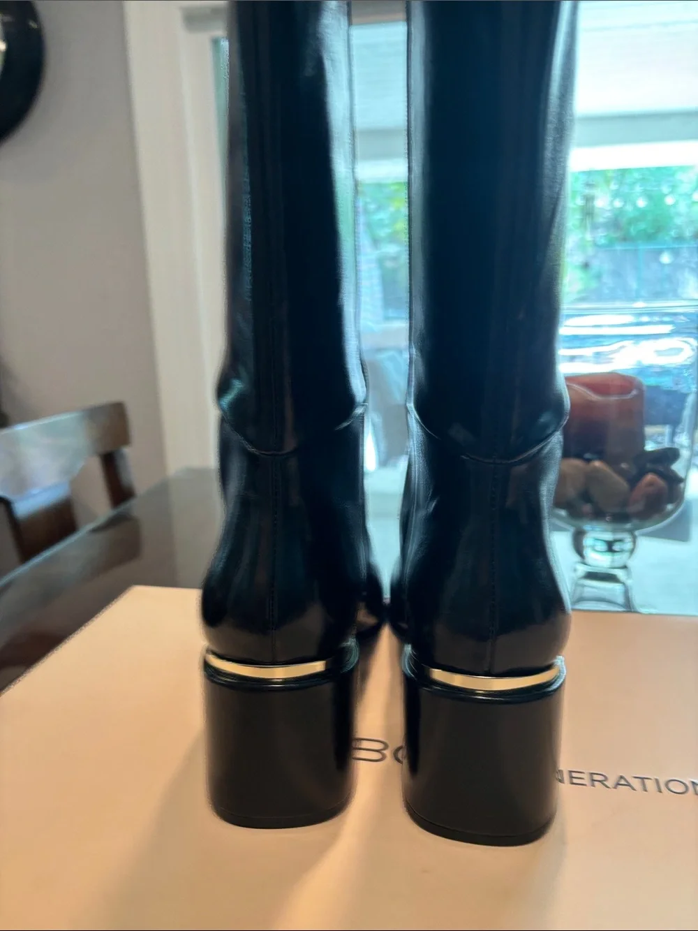 BCBGeneration Black Over-The-Knee Block Heel Boots with Gold Accent
